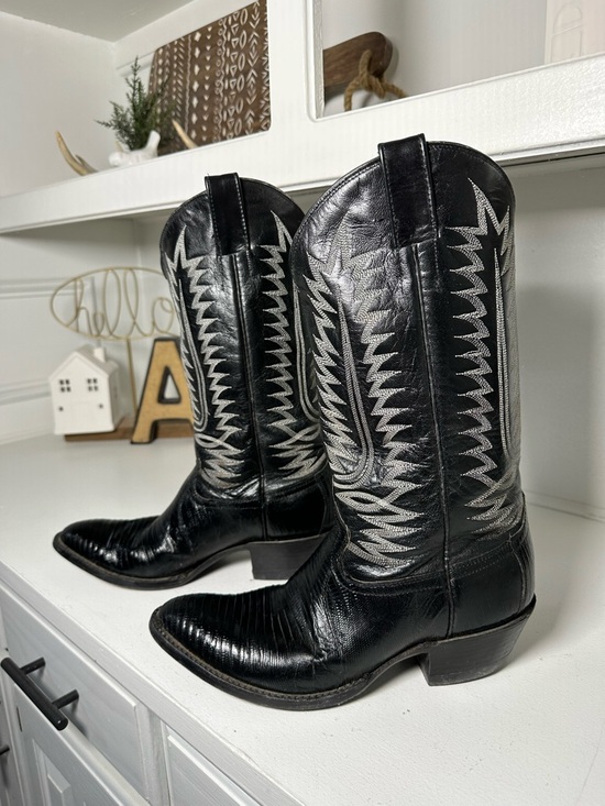 Cowtown Shoes - Vintage Cowtown Cowboy Boots Mens 9D Womens 10.5 Black Lizard USA Made Western